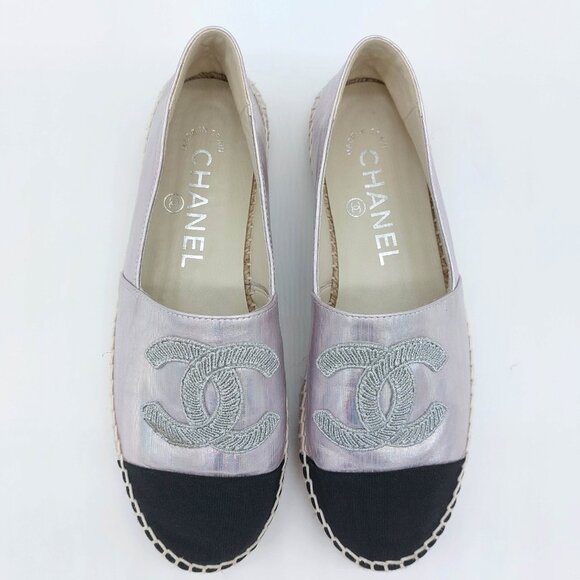 Chanel Espadrilles Laminated Lambskin Grosgrain Toe Caps Pink Silver Iridescent - Picture 1 of 12